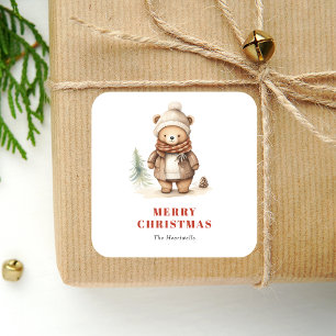 Cute Watercolor Bear Merry Christmas Holiday Square Sticker