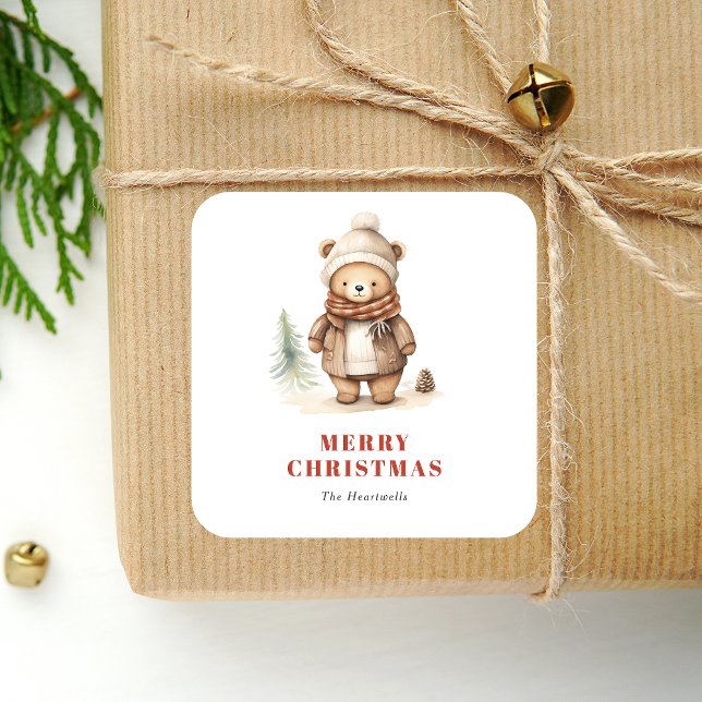 Cute Watercolor Bear Merry Christmas Holiday Square Sticker (Creator Uploaded)