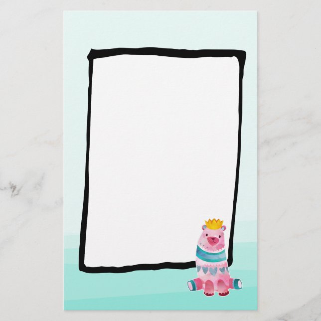 Cute Watercolor Bear on Aqua Green Ombre Backing Stationery (Front)