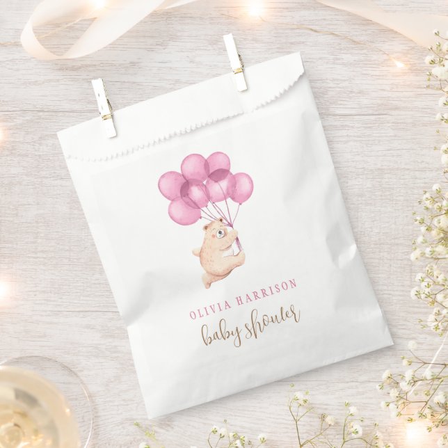 Cute Watercolor Bear Pink Balloon Baby Shower  Favour Bags (Clipped)