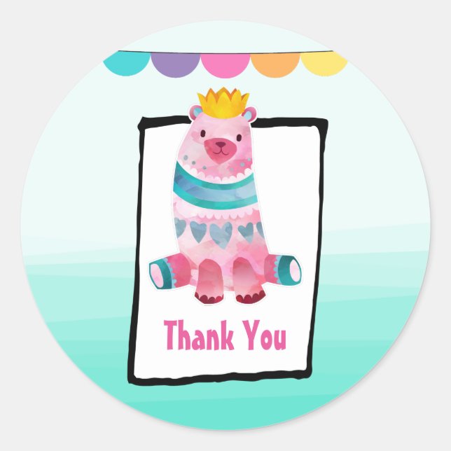 Cute Watercolor Bear Wearing a Crown Classic Round Sticker (Front)
