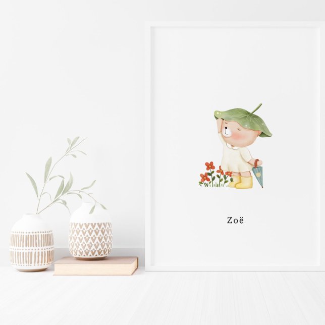 Cute Watercolor Bear With Umbrella Name Poster (Creator Uploaded)