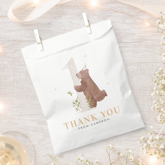 Cute Watercolor Bear Woodland First Birthday Party Favour Bags (Clipped)