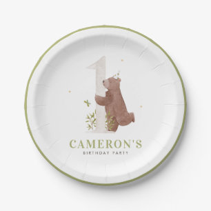 Cute Watercolor Bear Woodland First Birthday Party Paper Plate