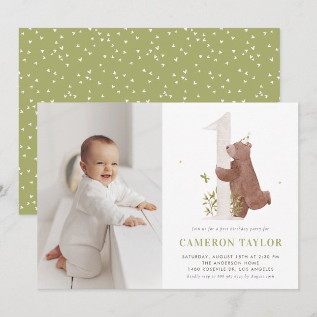 Cute Watercolor Bear Woodland Photo First Birthday Invitation (Front/Back)