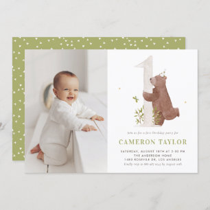 Cute Watercolor Bear Woodland Photo First Birthday Invitation