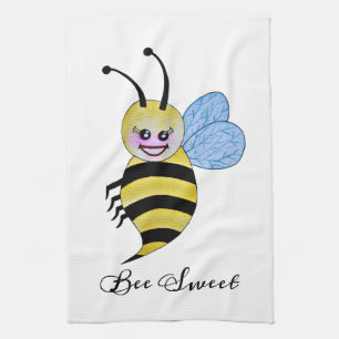 Cute Watercolor Bee With Happy Smile Tea Towel