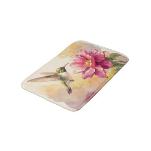 Cute watercolor bird and flower bath mat