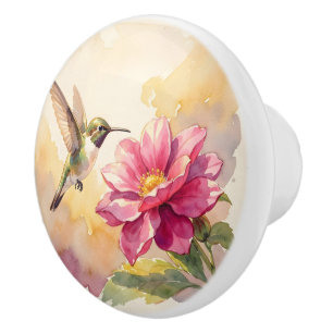 Cute watercolor bird and flower ceramic knob