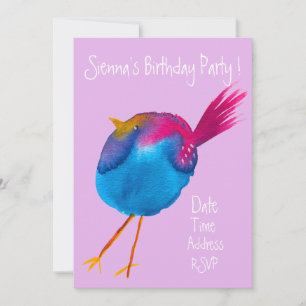 Cute watercolor bird colourful birthday party invitation
