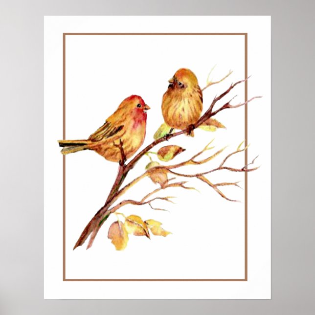 Cute Watercolor Bird Couple on Tree Branch art Poster (Front)