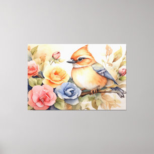Cute Watercolor Bird Flower Art Gift  Canvas Print