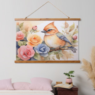 Cute Watercolor Bird Flower Art Gift Hanging Tapestry