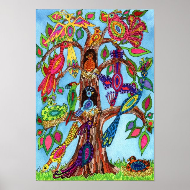 Cute Watercolor Bird Tree of Life Poster (Front)
