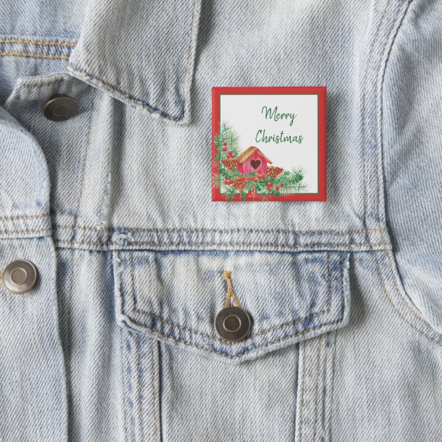 Cute watercolor birdhouse Christmas Holiday   15 Cm Square Badge (In Situ)