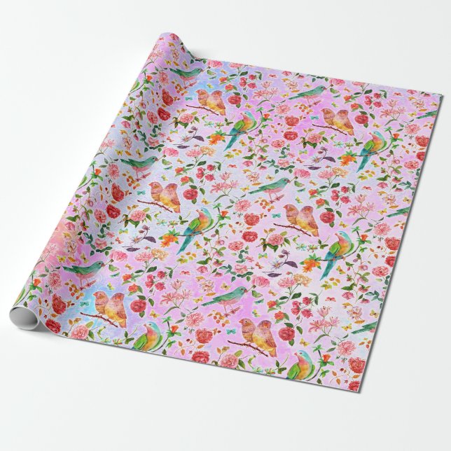Cute Watercolor Birds Wrapping Paper (Unrolled)