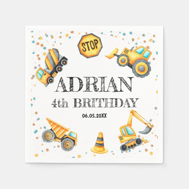 Cute Watercolor birthday Construction vehicles Napkin (Front)