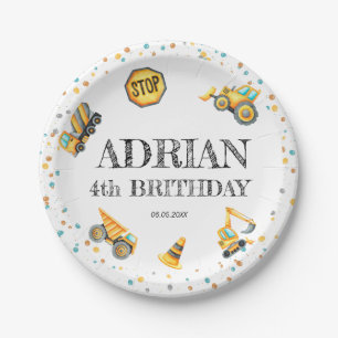 Cute Watercolor birthday Construction vehicles Paper Plate