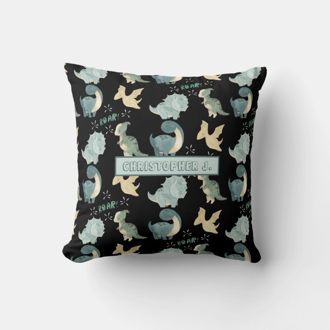 Cute Watercolor Black Dinosaur Pattern Cushion (Front)