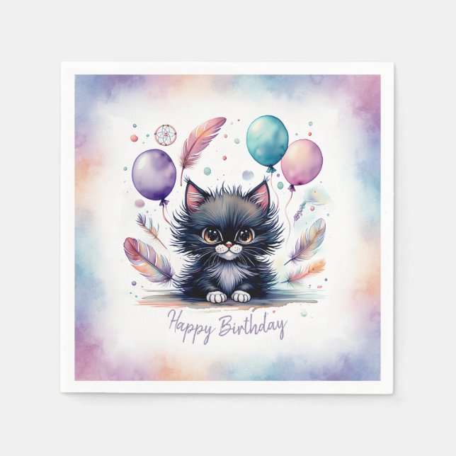 Cute Watercolor Black Kitten Balloons Birthday  Napkin (Front)