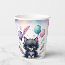 Cute Watercolor Black Kitten Balloons Birthday