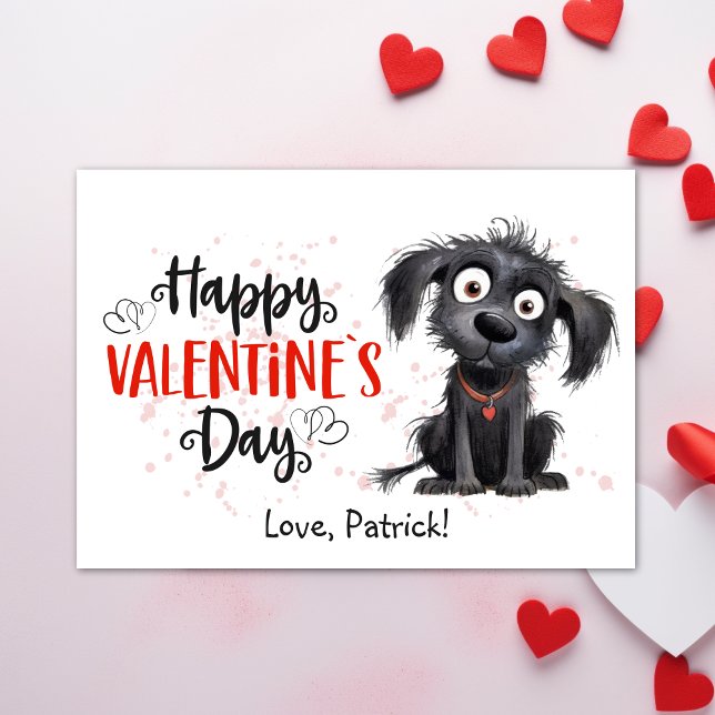 Cute Watercolor Black Puppy Happy Valentines  Holiday Card (Cute Watercolor Black Puppy Happy Valentines Holiday Card - Cute Cartoon Black Puppy, Printable)