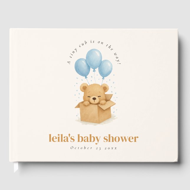 Cute Watercolor Blue Balloon Bear Baby Shower Guest Book (Front)