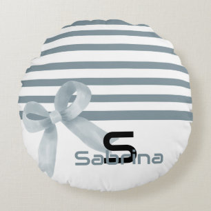 Cute Watercolor Blue Bow Stripes Round Pillow