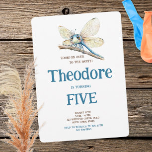 Cute Watercolor Blue Brown Dragonfly Boy Birthday Invitation