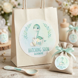 Cute Watercolor Blue Dinosaur Hatching Soon Baby  Classic Round Sticker