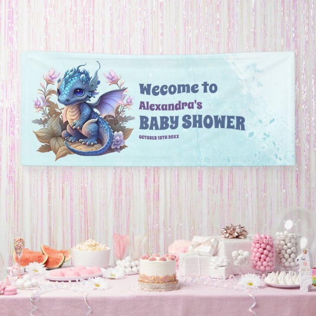 Cute Watercolor Blue Dragon Baby Shower Banner (Party)