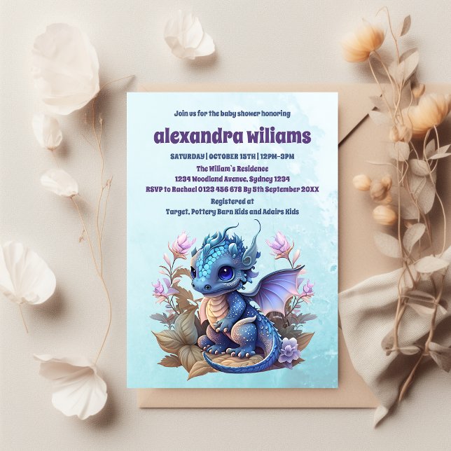 Cute Watercolor Blue Dragon Baby Shower Invitation (Creator Uploaded)
