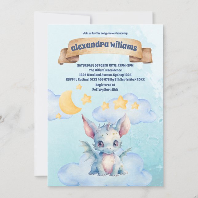 Cute Watercolor Blue Dragon Baby Shower Invitation (Front)