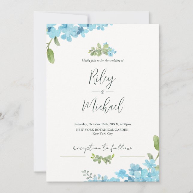 Cute Watercolor Blue Flower&Botanical  Invitation (Front)