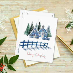 Cute Watercolor Blue House Car Merry Christmas Holiday Postcard
