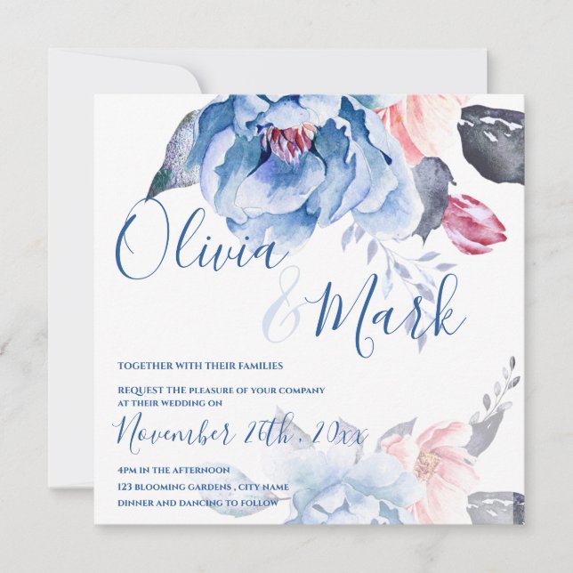 Cute Watercolor  Blue Peach Floral Script Wedding Invitation (Front)