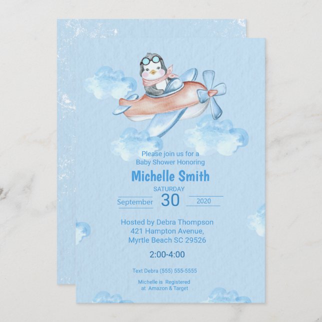   Cute Watercolor Blue Penguin Pilot Invitation (Front/Back)