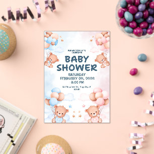 Cute Watercolor Blue Pink Balloons Teddy Bear Acrylic Invitations
