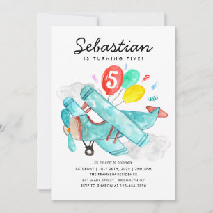 Cute Watercolor Blue Plane Balloons Kids Birthday Invitation