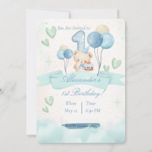 Cute Watercolor Blue Teddy Bear 1st Birthday Invitation