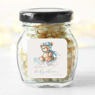 Cute Watercolor Blue Teddy Bear Boy's Baby Shower Square Sticker