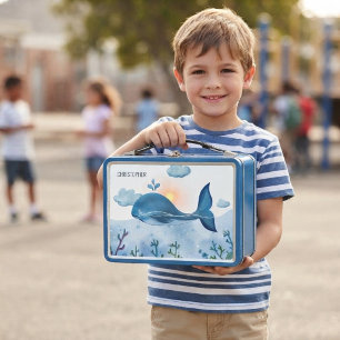 Cute Watercolor Blue Whale and Ocean Waves Metal Lunch Box
