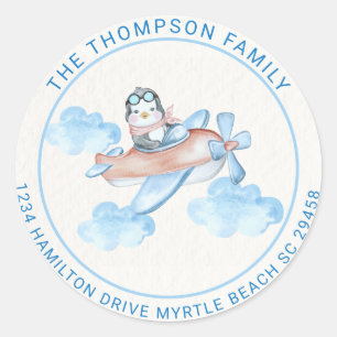Cute Watercolor Blue White Penguin Pilot Address Classic Round Sticker