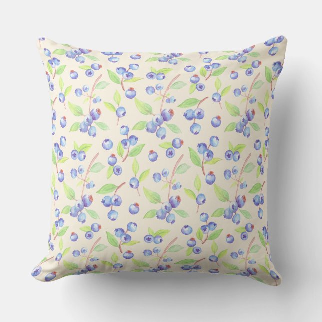 Cute Watercolor Blueberry Botanical Pattern Cushion (Front)