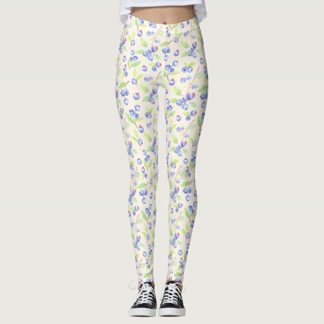 Cute Watercolor Blueberry Botanical Pattern Leggings (Front)