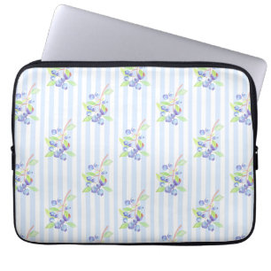 Cute Watercolor Blueberry Botanical Strips Pattern Laptop Sleeve