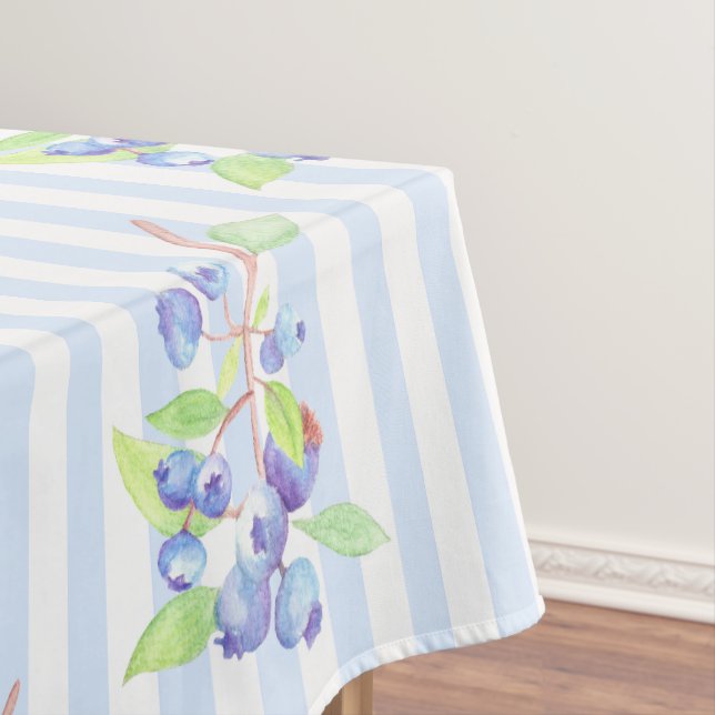 Cute Watercolor Blueberry Botanical Strips Pattern Tablecloth (In Situ)