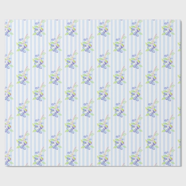 Cute Watercolor Blueberry Botanical Strips Pattern Wrapping Paper (Flat)