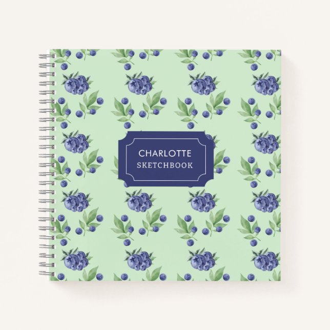Cute Watercolor Blueberry fruit Pattern Sketch Notebook (Front)