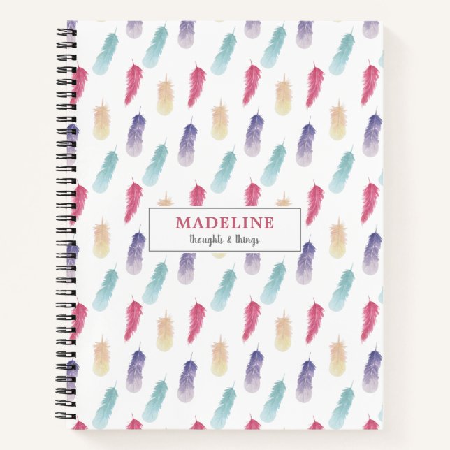 Cute Watercolor Boho Feathers Personalised Notebook (Front)